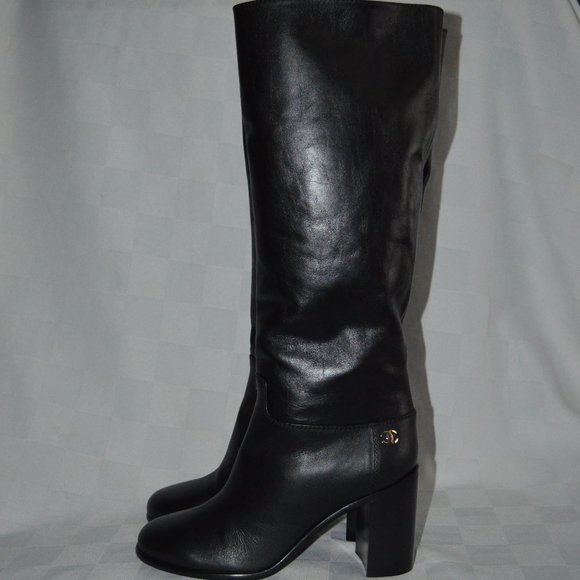 CHANEL Shoes - 37.5 7 Chanel Black Leather Pull On High Boots
